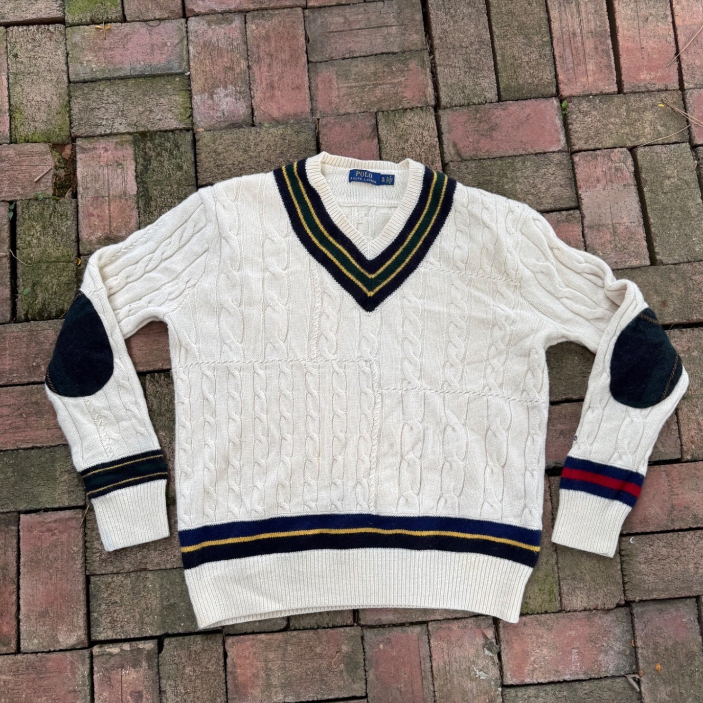 Polo Ralph Lauren Cricket Sweater Xl Ivory Wool Cashmere Cable Knit Elbow Patch